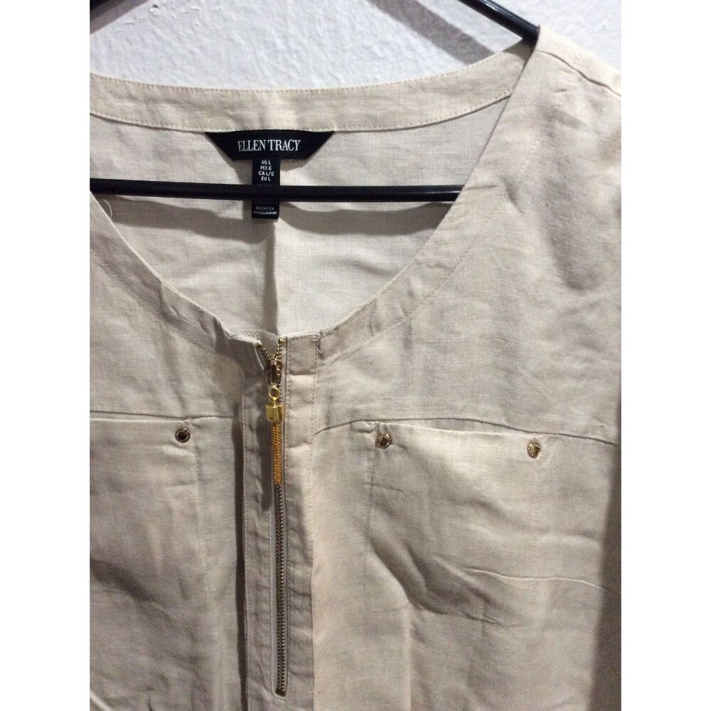 Linen short sleeve tan Large L VNC top shirt Ellen Tracy half zip front - Picture 3 of 7
